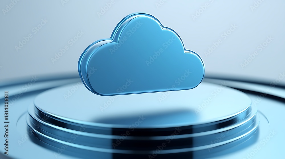 Poster 3d stylized cloud icon elevated above circular base with soft blue gradient background