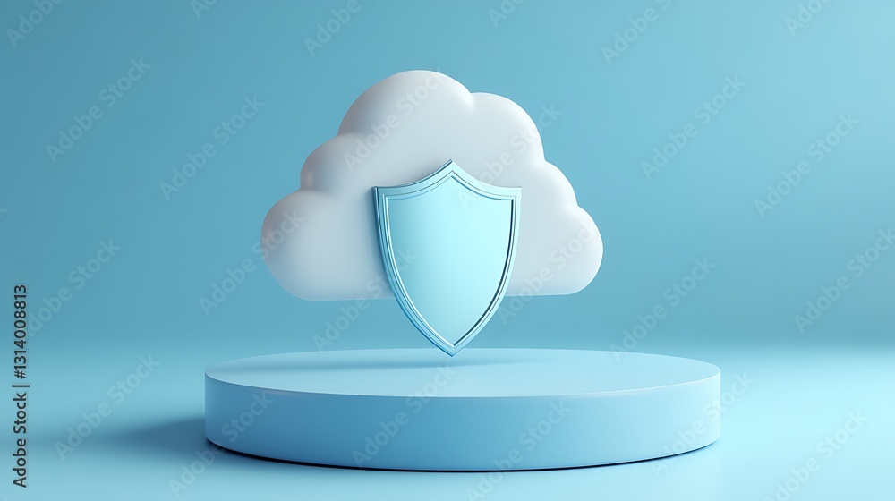 Poster 3d representation of cloud with shield in blue background symbolizing data security and protection