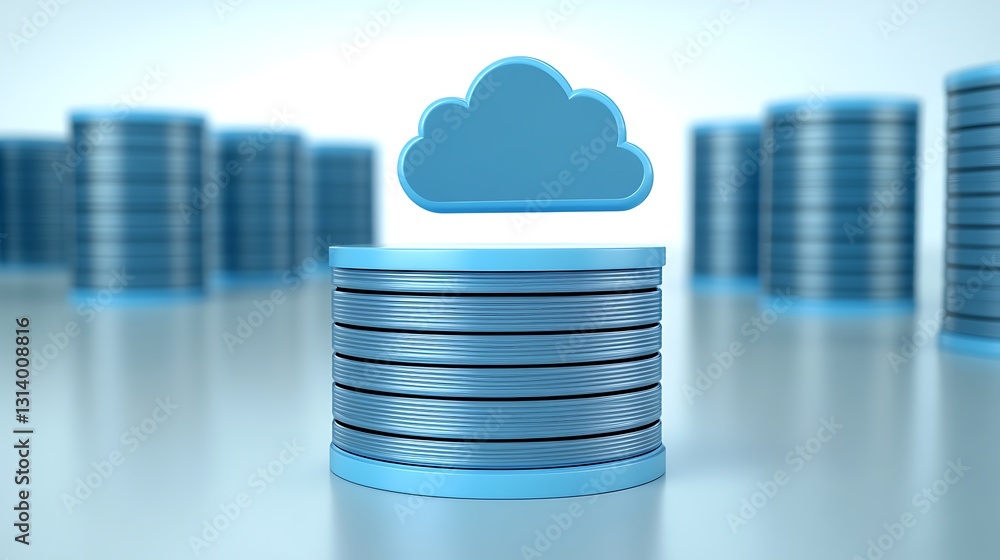 Poster a conceptual illustration of cloud computing with stacked data storage cylinders and cloud symbol ab