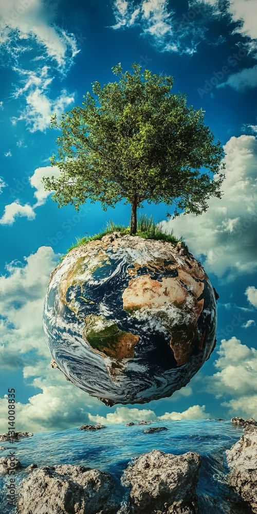 Poster a surreal image of a tree growing on a floating globe surrounded by ocean waves under a dramatic sky