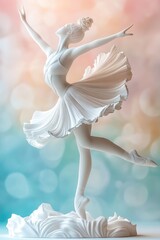Naklejka premium A ballerina figurine with a light tutu and soft white slippers, captured mid-leap, her arms stretched forward. The porcelain surface shimmers under the light, emphasizing her ethereal elegance.