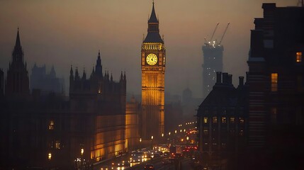 Fototapeta premium Illuminated Big Ben and Houses of Parliament shrouded in evening fog, with city traffic and construction cranes in the background.