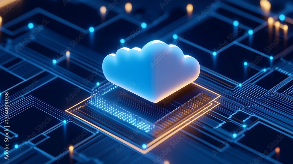 Poster abstract cloud computing concept on circuit board background with blue and neon light effects