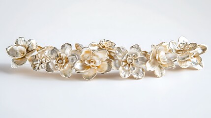 Fototapeta premium Elegant silver floral hairpiece, delicate blossoms arranged on a curved barrette.