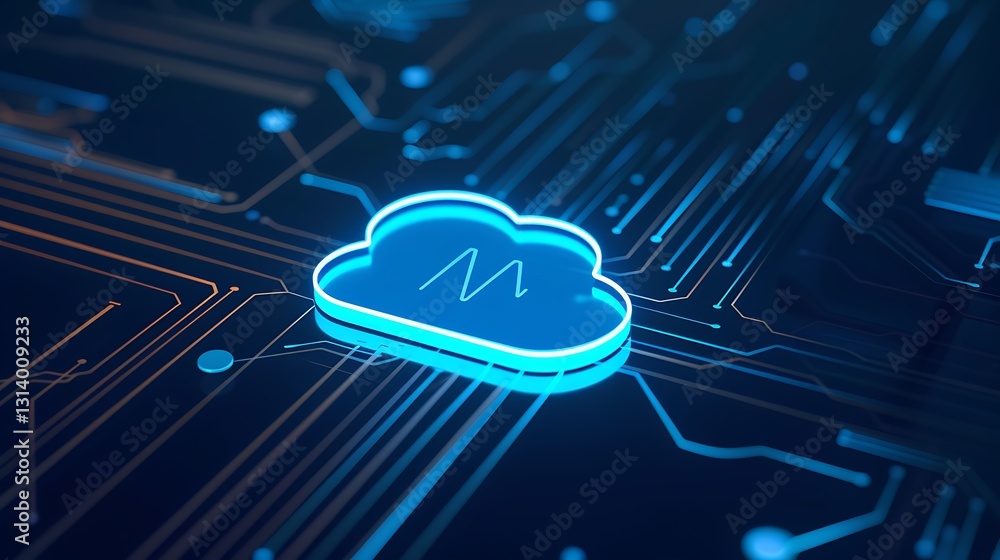 Poster abstract cloud computing concept with circuit board background in blue and orange colors for technol