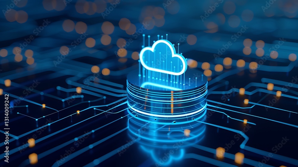 Poster abstract cloud computing concept with digital circuit board and data connections in blue and orange 