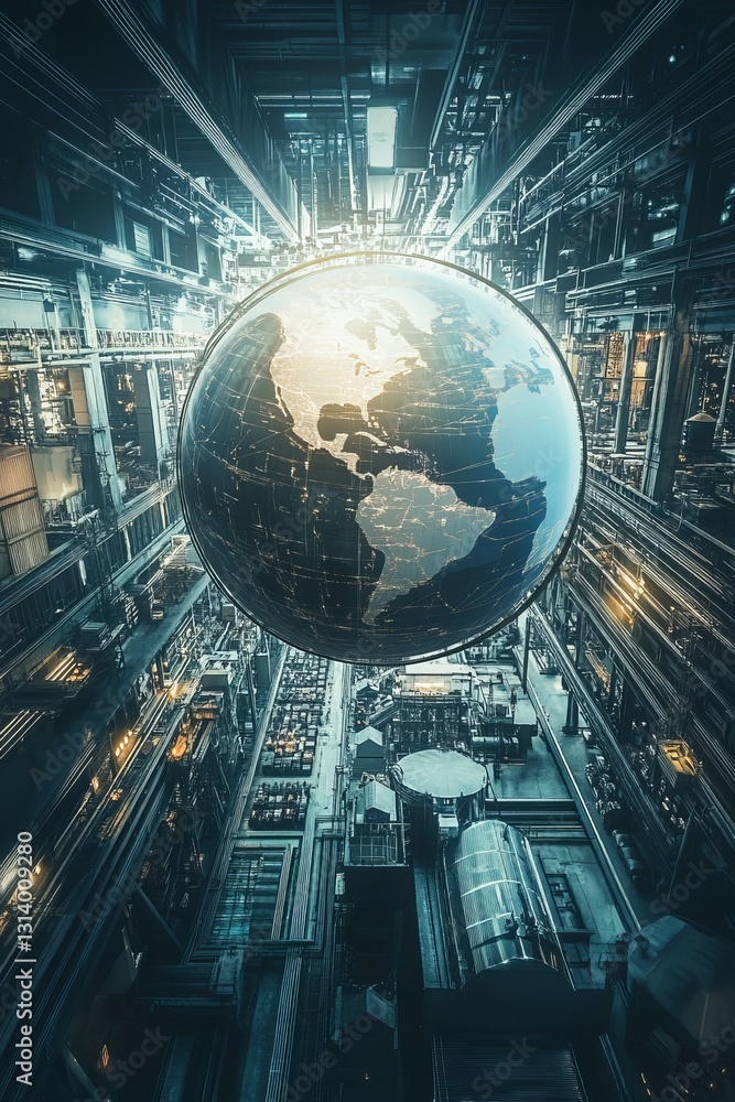 Poster this stunning image depicts a digital globe suspended within a high-tech urban environment, showcasi