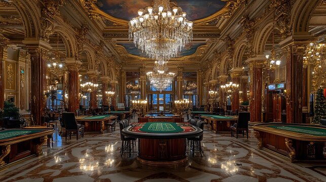 Gambling tables with chairs in luxurious, gilded casino under ornate chandelier