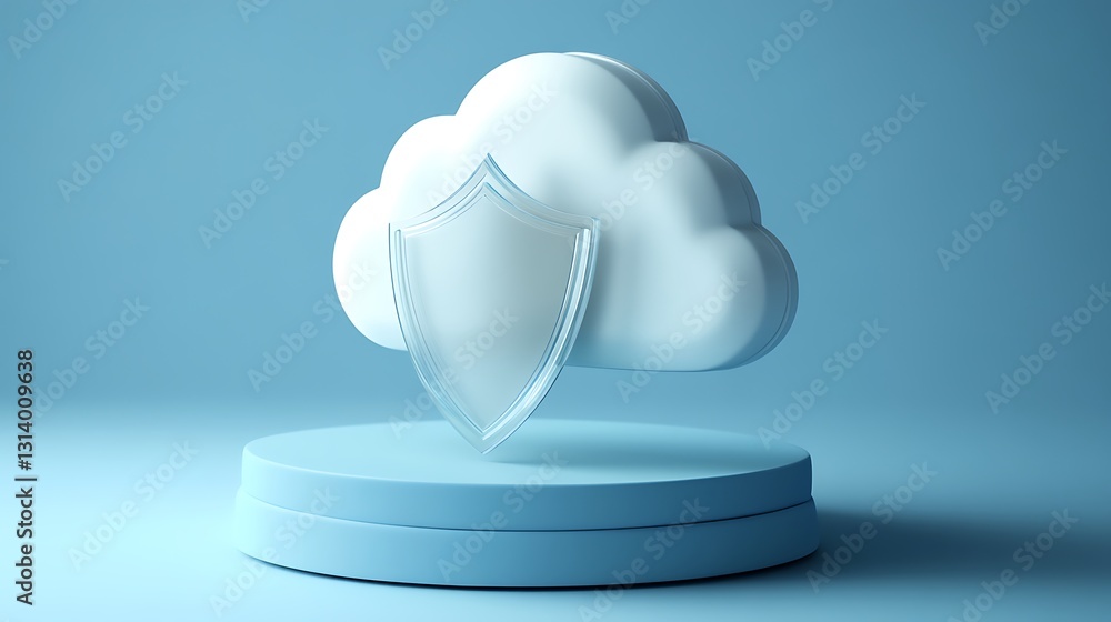 Poster abstract cloud with shield on stand symbolizing digital security and data protection concepts in mod