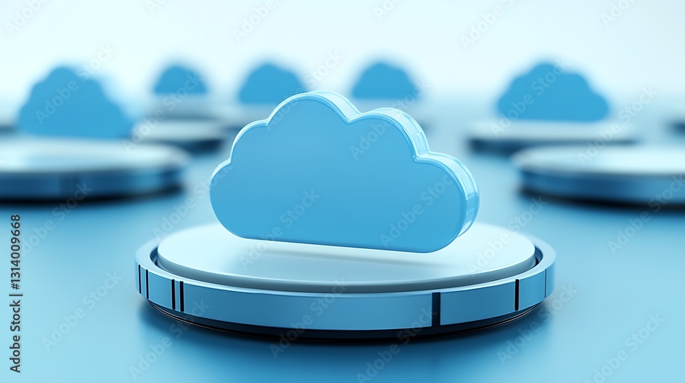 Poster abstract concept of cloud computing with blue cloud icon on platform surrounded by similar icons in 