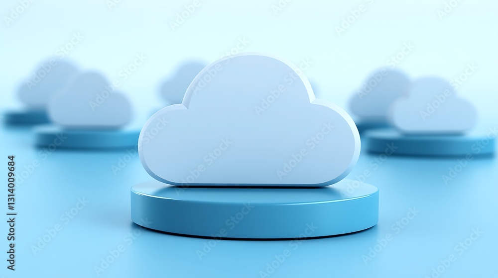 Poster abstract concept of cloud technology on blue background with floating cloud icons representing digit