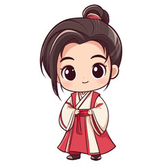 Fototapeta premium A chibi boy dressed in a traditional Chinese hanfu stands proudly, his bright eyes full of energy. His flowing robes and wide sleeves add to his graceful yet playful charm. With a cheerful smile, he e