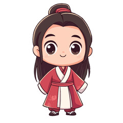 A chibi boy dressed in a traditional Chinese hanfu stands proudly, his bright eyes full of energy. His flowing robes and wide sleeves add to his graceful yet playful charm. With a cheerful smile, he e