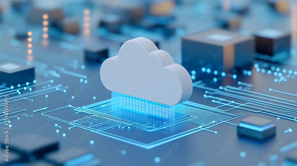 Poster abstract digital cloud computing concept on circuit board with blue neon lights and data elements