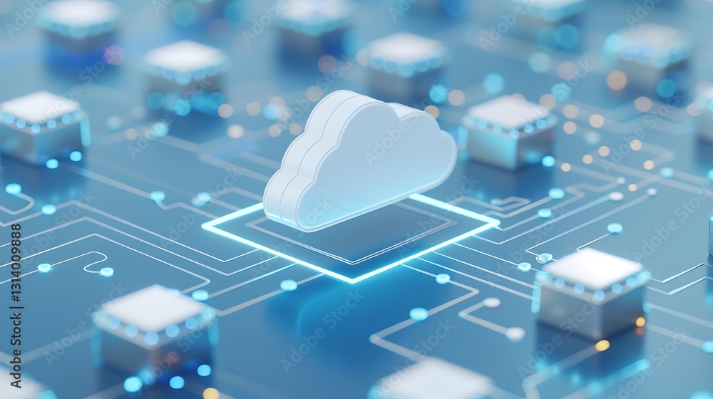 Poster abstract digital cloud computing concept represented with 3d cloud on circuit board in blue tones