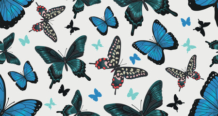 Seamless pattern of blue Butterfly pattern. Realistic blue Butterfly swallowtail on beige background. Vector.