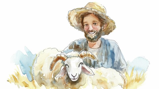 Adorable watercolor rendering of the parable of the lost sheep with a cute