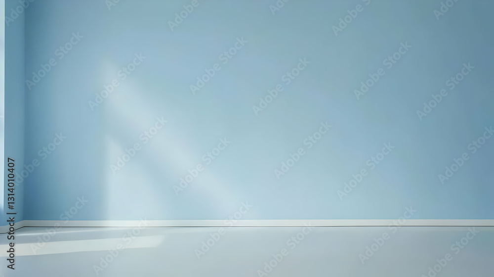Poster bright minimalist empty room with soft blue walls and white floor sunlit from large window perfect b