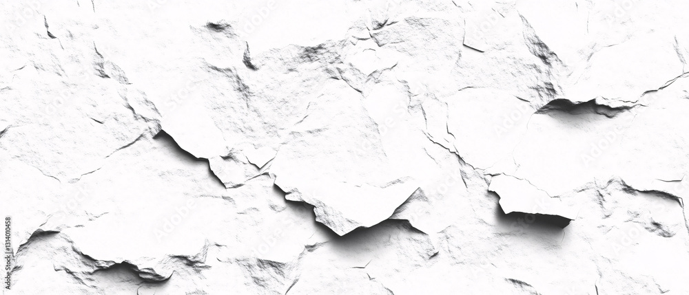 Aufkleber close-up of a cracked white surface with rough edges and deep crevices creating an organic and detai