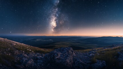 Majestic Milky Way galaxy rising over a serene mountain landscape at twilight.