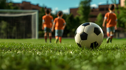 Fototapeta premium A soccer ball on the grass with players on the field