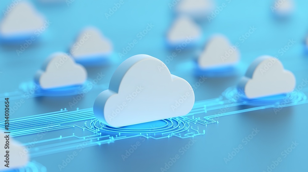 Poster abstract illustration of digital cloud computing technology with glowing clouds and network connecti