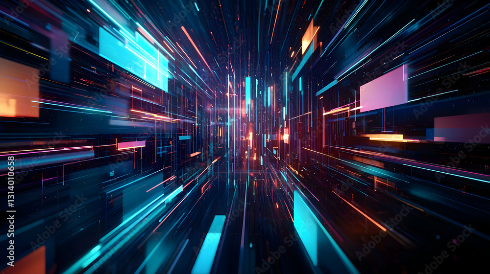Poster abstract futuristic data stream visualization with glowing neon lights speeding through digital cybe