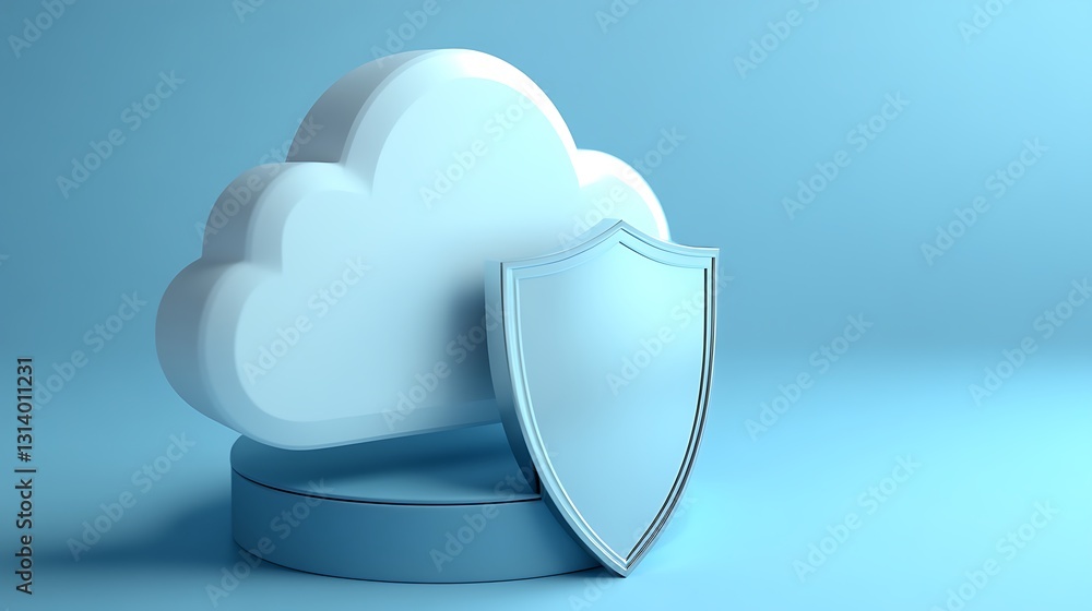 Poster abstract representation of cloud storage and security with shield on a blue background for technolog