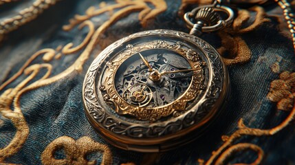 Naklejka premium Antique pocket watch with intricate details rests on ornate fabric.