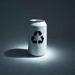 Fototapeta premium A high-contrast, low-key lighting image of a white aluminum can featuring a recycling symbol, isolated on a white background. The scene emphasizes deep shadows and a dramatic effect
