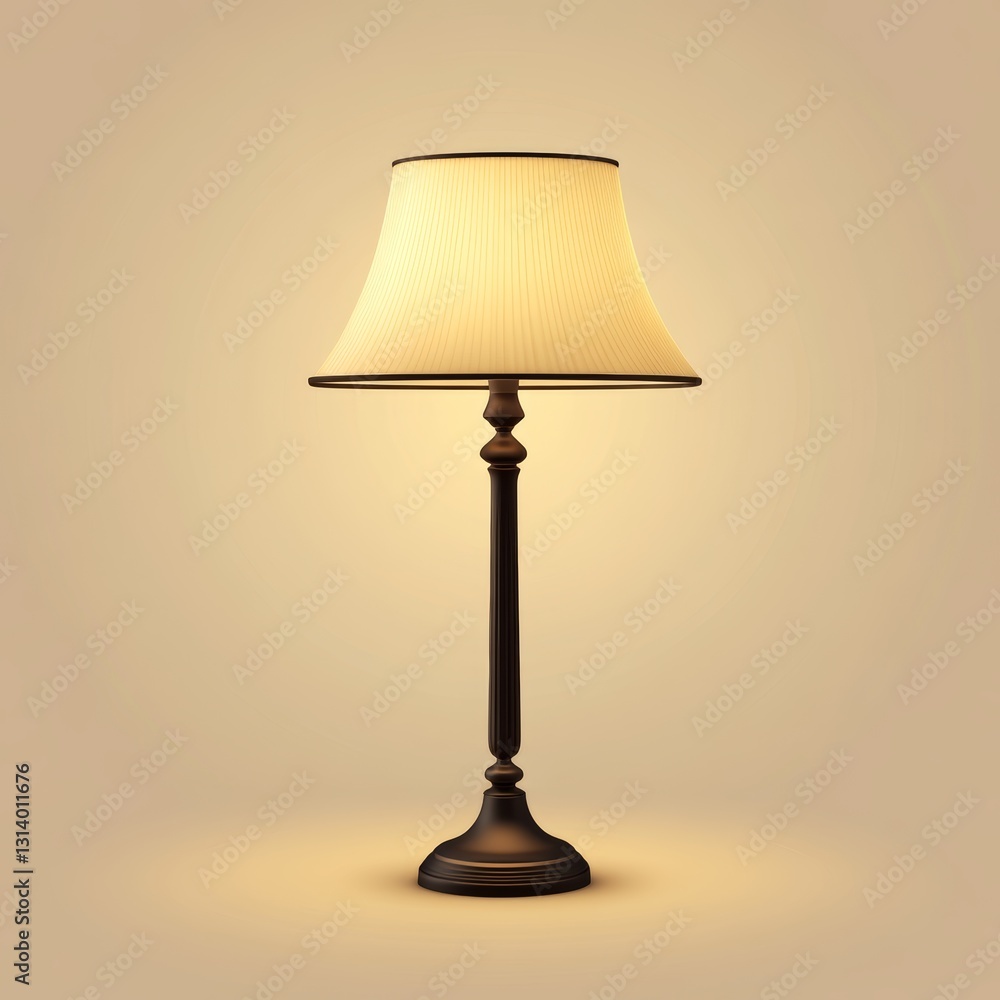 Poster lamp with a white shade sits on a table. the lamp is turned on, and the light is shining on the tabl