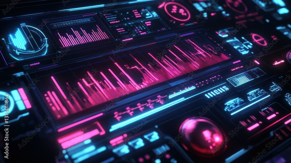 Aufkleber glowing digital display showing various data representations in neon colors