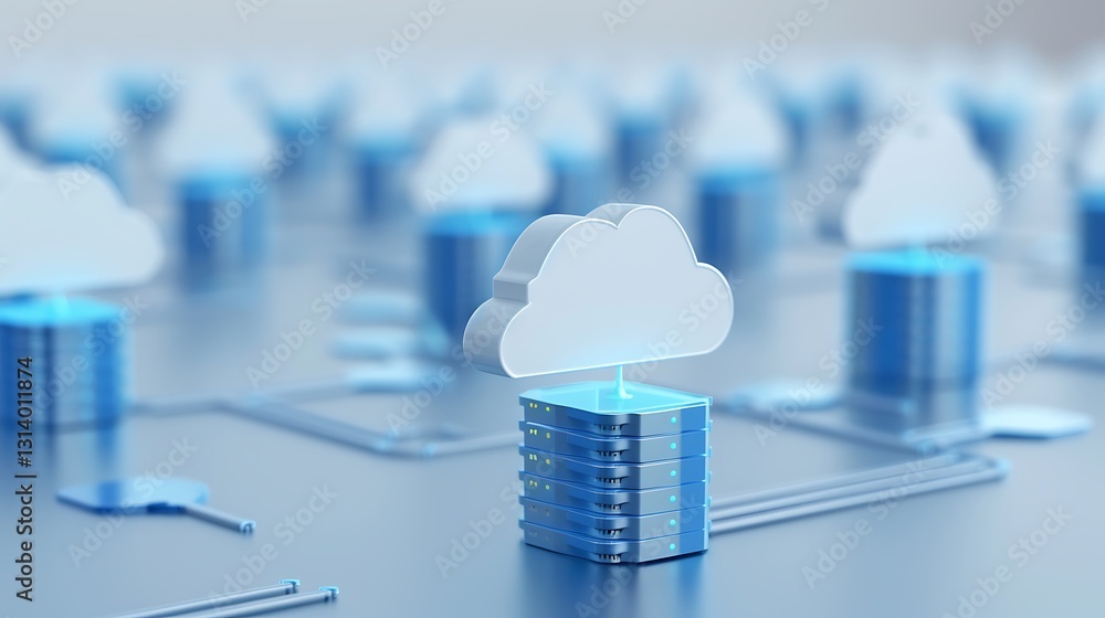 Poster blue cloud computing concept with data server stacks and online network connections in modern digita