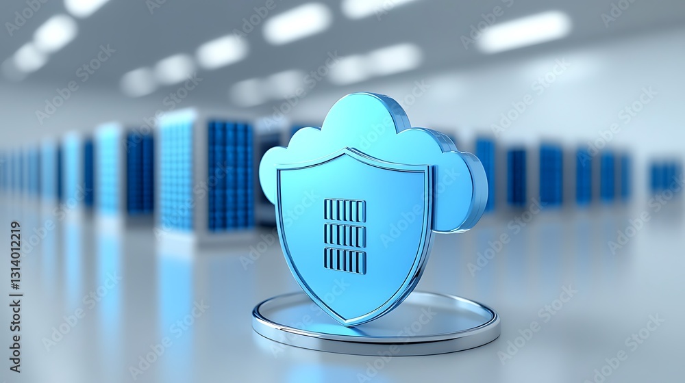Poster blue cloud computing icon with shield symbolizing data security in modern digital architecture
