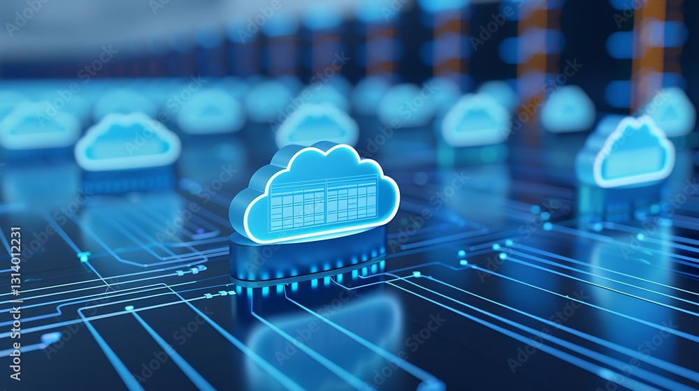 Poster blue cloud computing icons with data visualization in a futuristic digital environment
