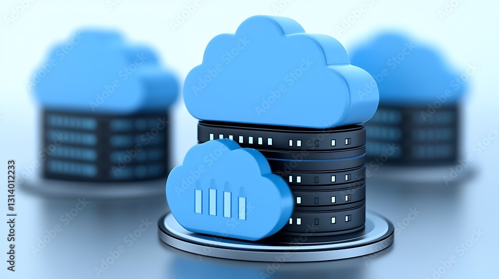 Poster blue cloud computing icon with data storage server and stack in a modern digital technology concept