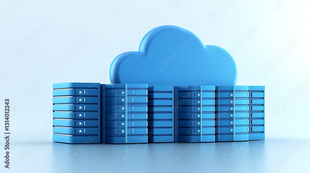 Poster blue cloud computing infrastructure with server racks on a bright background for technology concepts