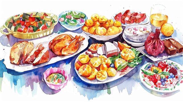 Heartwarming watercolor illustration of a church potluck featuring cute