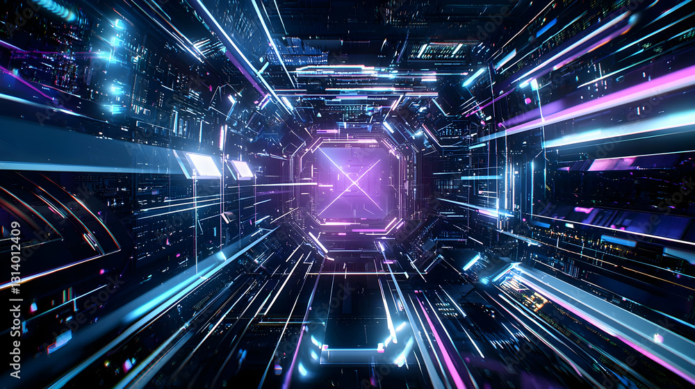 Poster abstract futuristic neon tunnel with geometric glowing light design in digital space and technology 