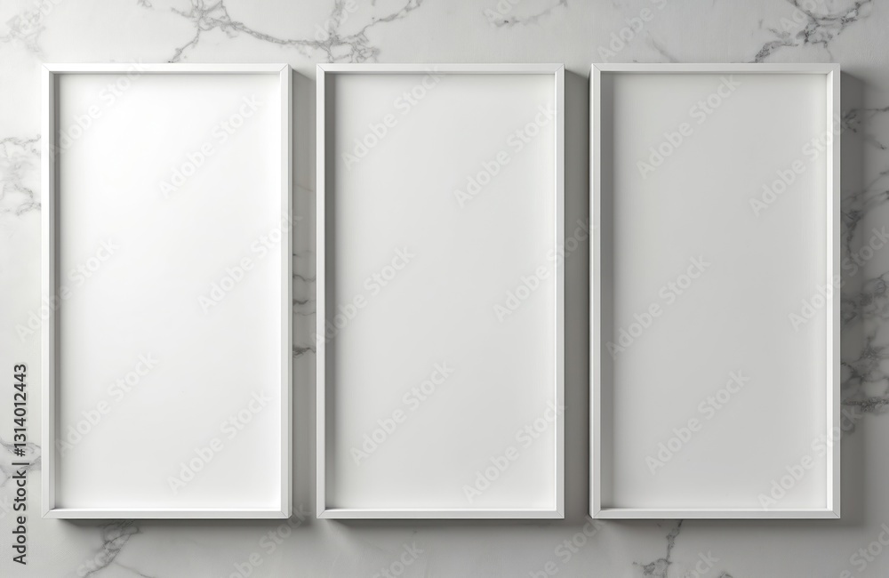 Poster Three white vertical rectangle poster mockups on marble wall flat lay top view. Blank picture frames template for stationery presentation. Minimal elegant portfolio background with soft light shadow.