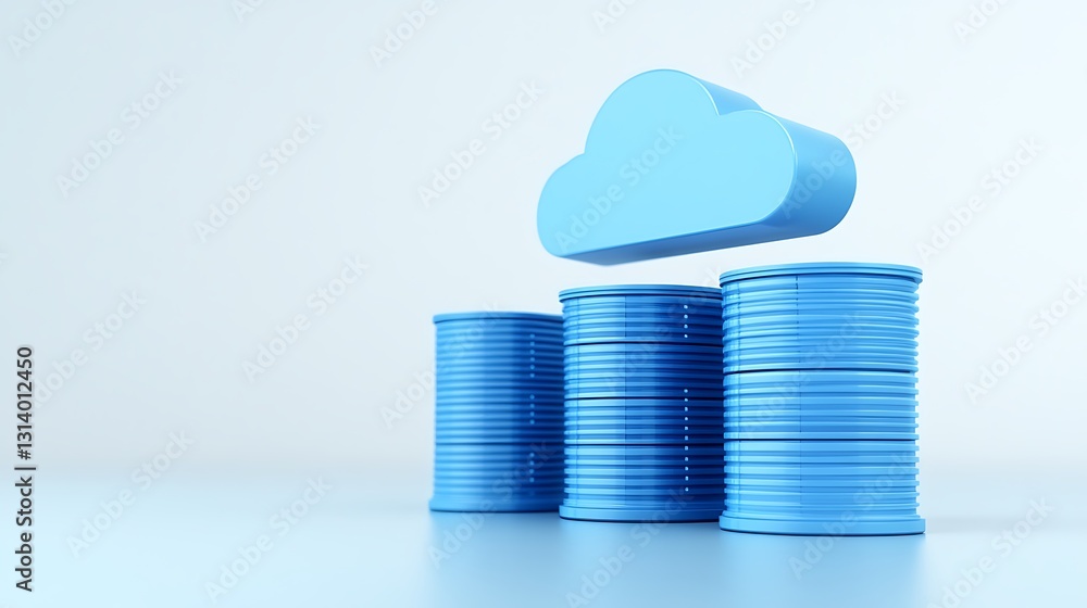 Poster blue cloud icon above stacked cylinders representing data storage and cloud computing concepts
