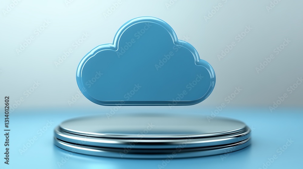 Poster blue cloud icon displayed on reflective surface with soft focus background for technology and storag