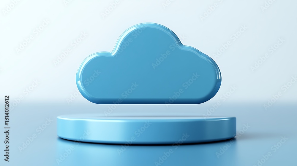 Poster blue cloud icon floating above a circular base on a minimalist background for technology conceptuali