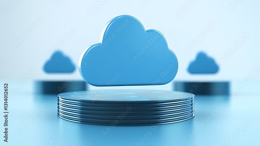 Poster blue cloud icon floating above circular disks representing data storage and cloud technology concept