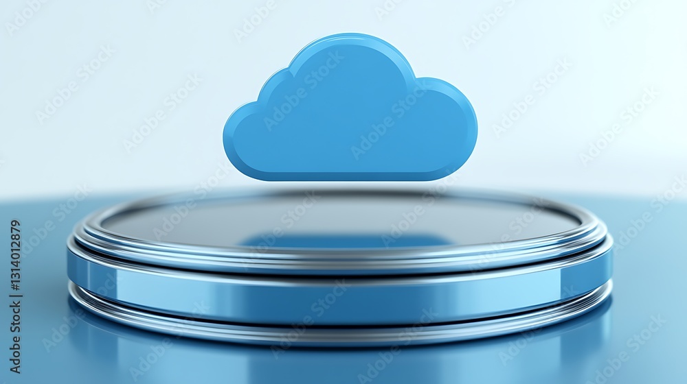 Poster blue cloud icon on a floating platform with soft background for digital storage and technology theme