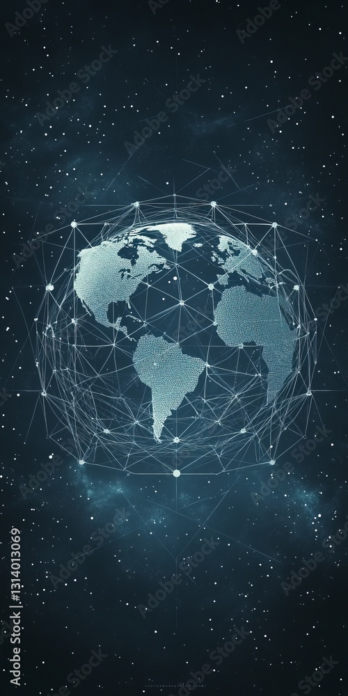 Poster explore a digital illustration of a globe surrounded by network lines against a starry universe back