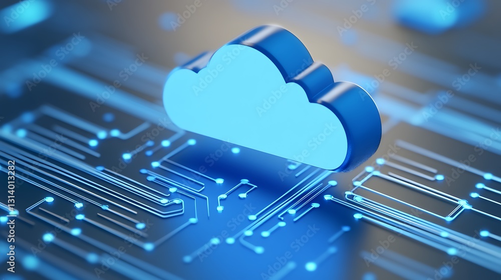 Poster blue cloud icon on circuit board background representing digital technology and cloud computing conc
