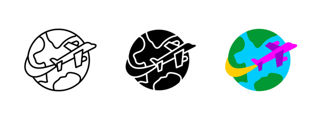 World travel icon. Airplane flying around the globe representing global tourism and international flights. Travel and vacation vector illustration. Adventure and transportation concept.