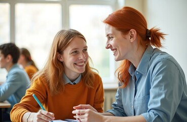 Red haired smiling Caucasian school teacher explains something to student, helping with homework. Girl takes notes sitting at desk. Education concept, team work, communication, cooperation.