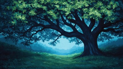 Lush Green Tree in Misty Forest Clearing at Dawn